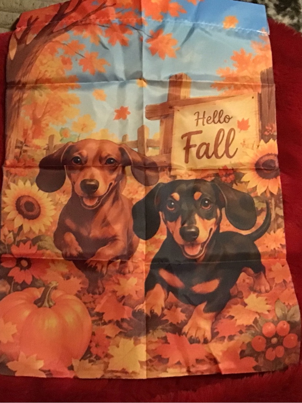 Hello Fall Dachshund Decorative Pet Flag - Autumn Orange